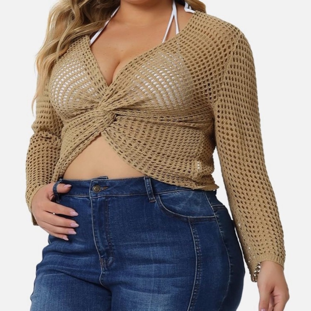 Plus Size Knitwear V Neck Ruched Cross Front Hollow Out Long Sleeve Cover Up Top